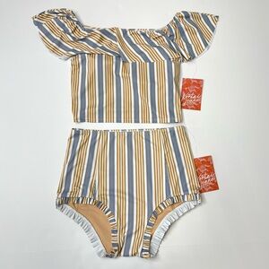 Kortni Jeane Swim Matching Set Stripes Ruffled Off Shoulder Top Size M NWT